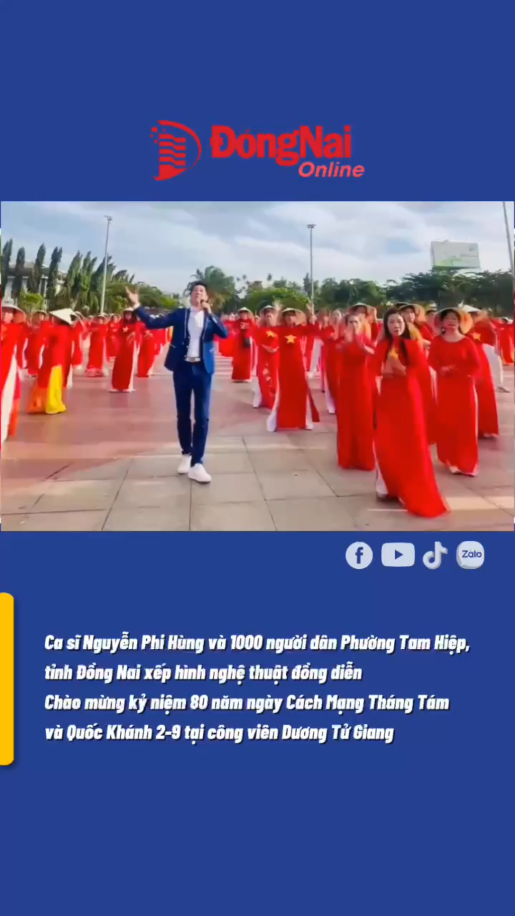 Ca sĩ Nguyễn Phi Hùng và hơn 1.000 người dân đồng diễn chào mừng 80 năm Cách mạng tháng Tám và Quốc khánh 2-9