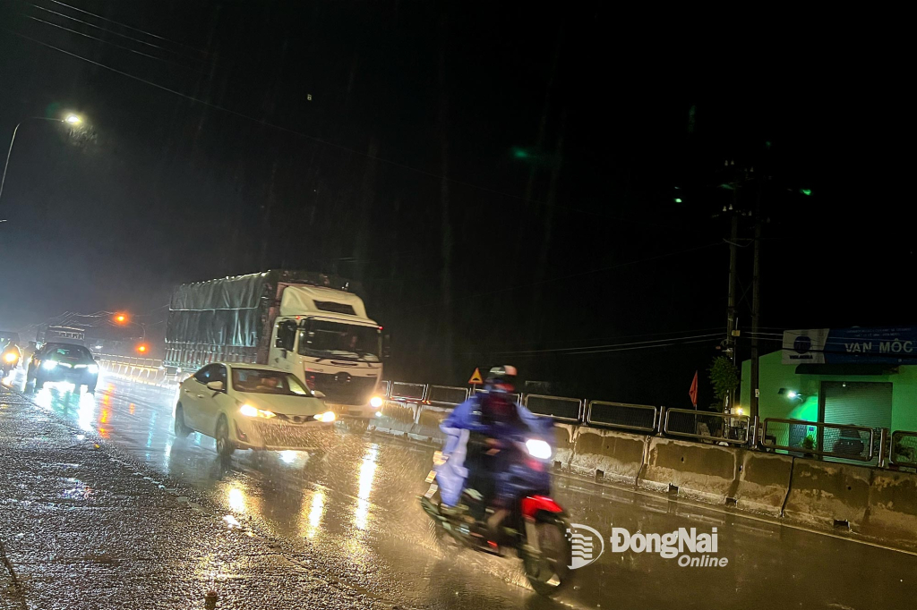 Người dân di chuyển trong mưa trên quốc lộ 1 đoạn qua xã Dầu Giây tối 1-9. Ảnh: Kim Liễu 